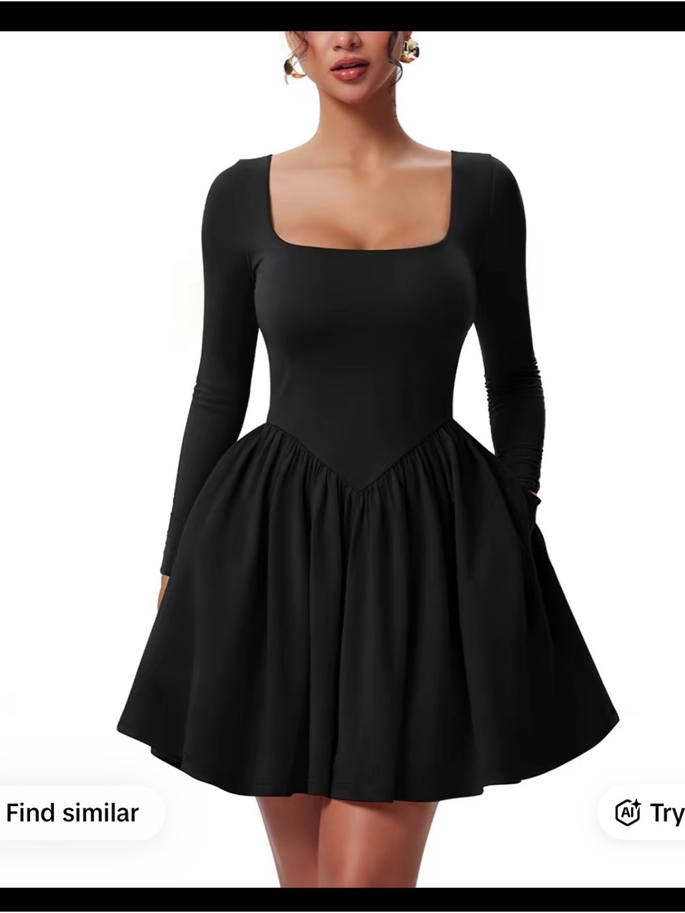 Black Square-Neck Long Sleeve Fit & Flare Dress
